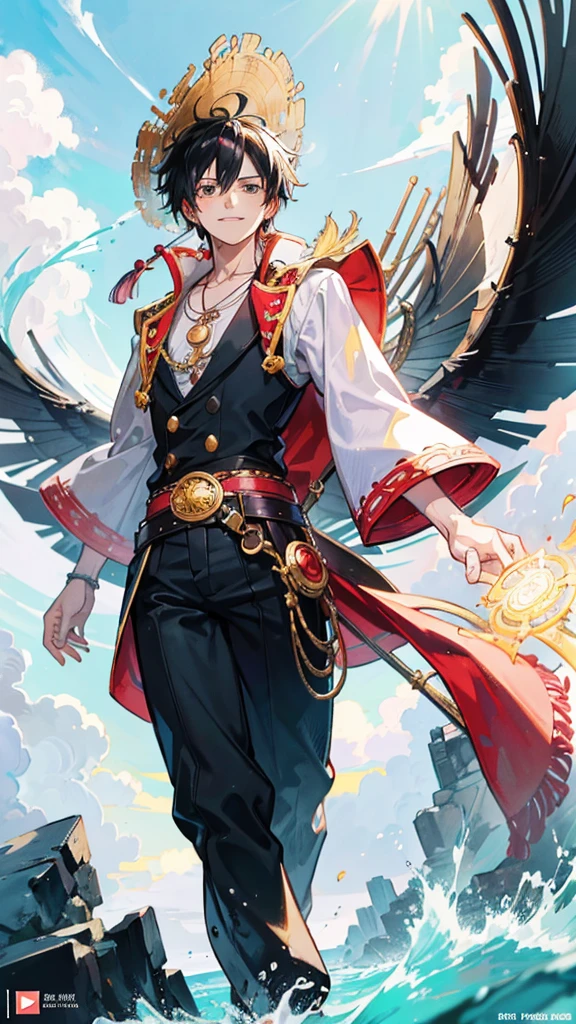 Very detailed anime illustration of a YOUNG MAN, NAMED "LUFFY" with HIS STRAW HAT, and his pirate clothes, sparkling aura, very detailed, gold filigree, intricate motifs, sunlight, smiling face, blushing, loving gaze, red and green , full body pose, highly detailed posture, fantasy , fantasy environment, anime style, ((overload combined with One Piece)) bright color, cmyk color, backlight, misty light, highly detailed, majesty and awe, cinematic, visual masterpiece stunning, double exposure, highest quality, 32k, yly. png
