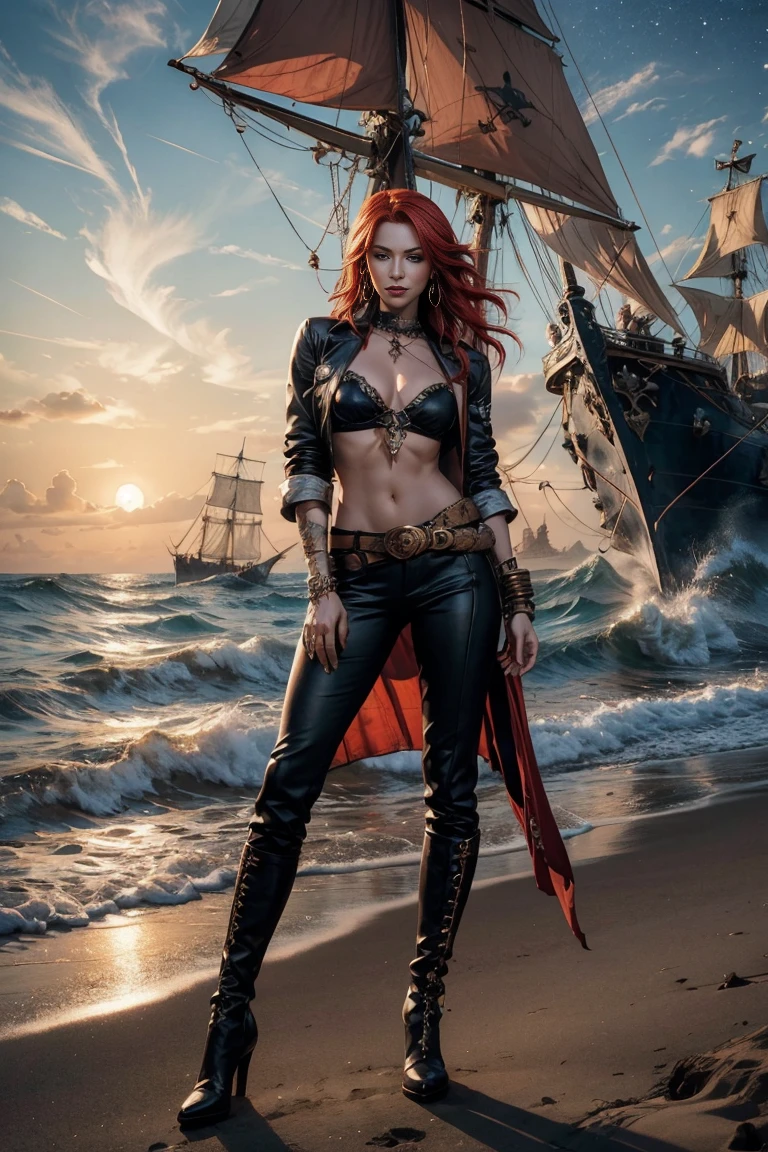 full body A woman with red hair and emerald eyes. She has an hourglass shape and poses dramatically. He wears a flowing white pirate shirt that sits low on his shoulders. His pants are leather and tight, with a seam on the side of the leg. He wears tall leather pirate boots. Her jewelry is gypsy style. he stands on the beach in the moonlight, a pirate ship with a mast in the distance, fog, smoke, a dramatic scene