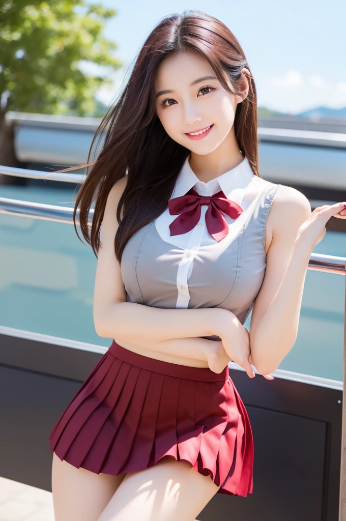 (masterpiece:1.2, Highest quality), (Realistic, photoRealistic:1.4), (Natural Side Lighting, Cinema Lighting), Browsing Caution, 
View your viewers, 1 Korean beauty 20 years old, Japanese, high school girl, Perfect Face, Cute and symmetrical face, Shiny skin, 
(Mid-length hair:1.5, (Both sides up:1.2), Hair between the eyes, Long eyelashes, (Large Breasts), thin, Dark red hair ribbon, 
Beautiful Hair, Beautiful Face, Beautiful attention to detail, Beautiful clavicle, Beautiful body, Beautiful breasts, Beautiful thighs, Beautiful feet, Beautiful fingers, 
((White collared shirt, Grey box pleated mini skirt), Dark red bow tie), school bag, 
(Beautiful views), evening, (station), Are standing, (Cute smile, Open your mouth a little), Low - Angle、Panty shot、Striped pantan muscle、Moriman、Clitoris erection、looking at the camera、H expression、Leg spread