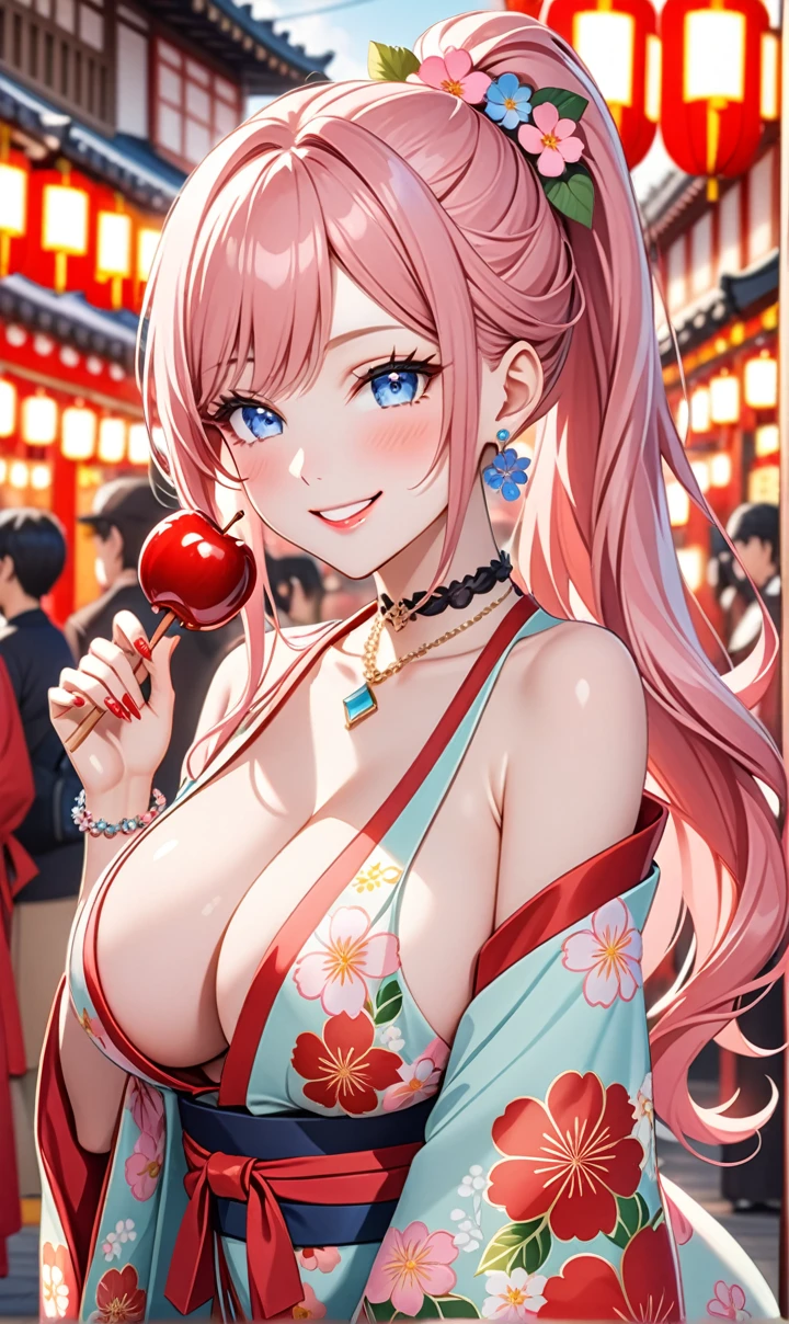 ultra-detailed, ((one girl)), (pale skin:1.4), in pastel colors gyaru, (heavy makeup), (professional lighting) hyper detailed, absurdres, 8K, Beautiful Face, (Laugh shyly), ((teasing smile:1.8)), ((Wink:1.7)), (Laugh with your mouth wide open),((Tilt your face:1.6)), View your viewers, ((Bright red cheeks:1.6)),Glossy Red Lips, ((:1.6)), ((undressing:n, Shrine festival stalls, ((eat candied apple stick)), ((Anime style background)),masterpiece, Highest quality, so beautiful,Latest, Complex details, (Pink long nails), (nail art), (ring),(bracelet), (Floral Choker),AI-generated, Complex,High resolution, Highest quality, super high quality,3D Images、3D Images,One person,Pastel pink long hair,(High Ponytail), (wavy hair:1.3), Pastel anime woman posing for a photo, ((Fine grain、blue eyes、glowing eyes:1.4)), (Squint your eyes:1.1),a hyperRealistic , hyperRealistic , Realistic,Anime woman with long pastel pink hair, Smooth anime CG art, A girl in a gorgeous pastel-colored kimono, ((Pastel-colored furisode)),(Pink large floral pattern), (sideboob), Long flower hair ornament,Floral Earrings, Mature Body, tall,Narist,((from side)), ((leaning forward:1.2)),