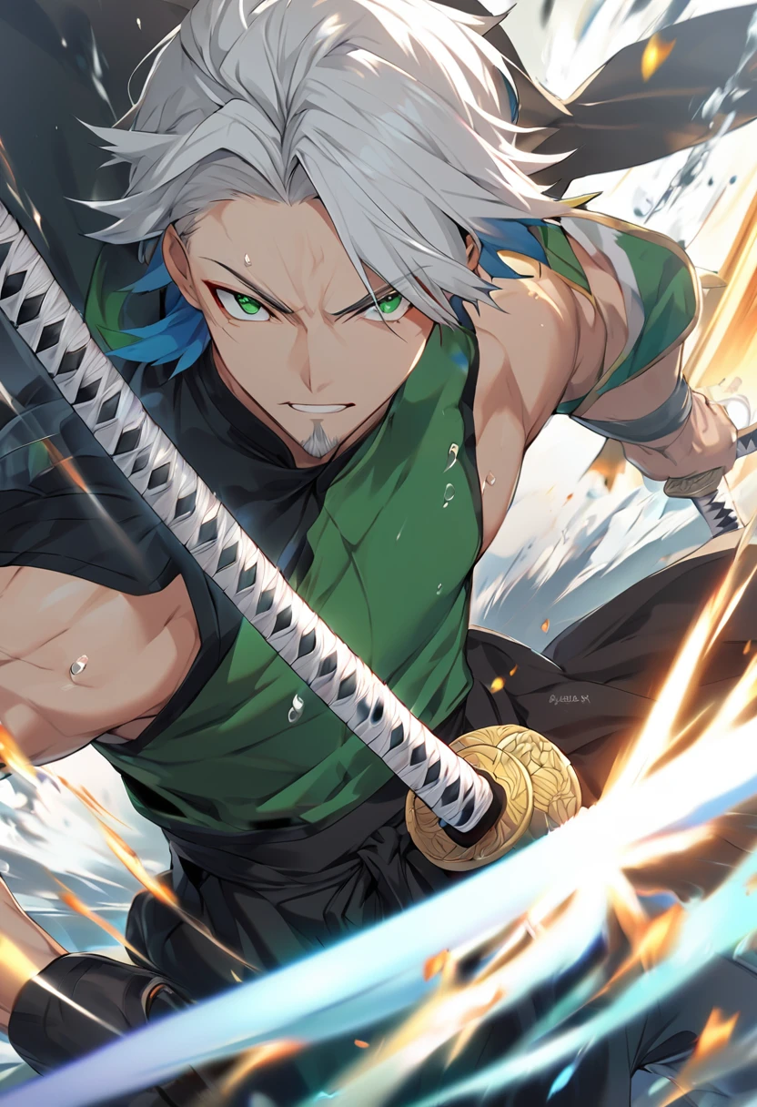 1 young boy, male focus , tão bonitas, 人物, perfect composition, Moisture skin, 1 men, bonitas, White hair, vibrant green eyes, アニメ, 19yearsold, 19 years, a small goatee, white hair ,  slim muscles,  black hakama, tensa zangetsu (to the bank), katana longa, katana grande, strong katana, katana, powerful katana , katana media, katana focus, katana cut, katana cut, katana attack, katana blow, atack, katana atack, power katana