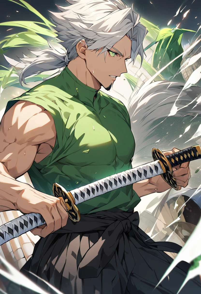 ung boy, male focus , tão bonitas, 人物, perfect composition, Moisture skin, 1 men, bonitas, White hair, vibrant green eyes, アニメ, 19yearsold, 19 years, a small goatee, white hair , slim muscles, black hakama, tensa zangetsu (to the bank), katana longa, katana grande, strong katana, katana, powerful katana , katana media, katana focus, katana cut, katana cut, katana attack, katana blow, atack, katana atack, power katana