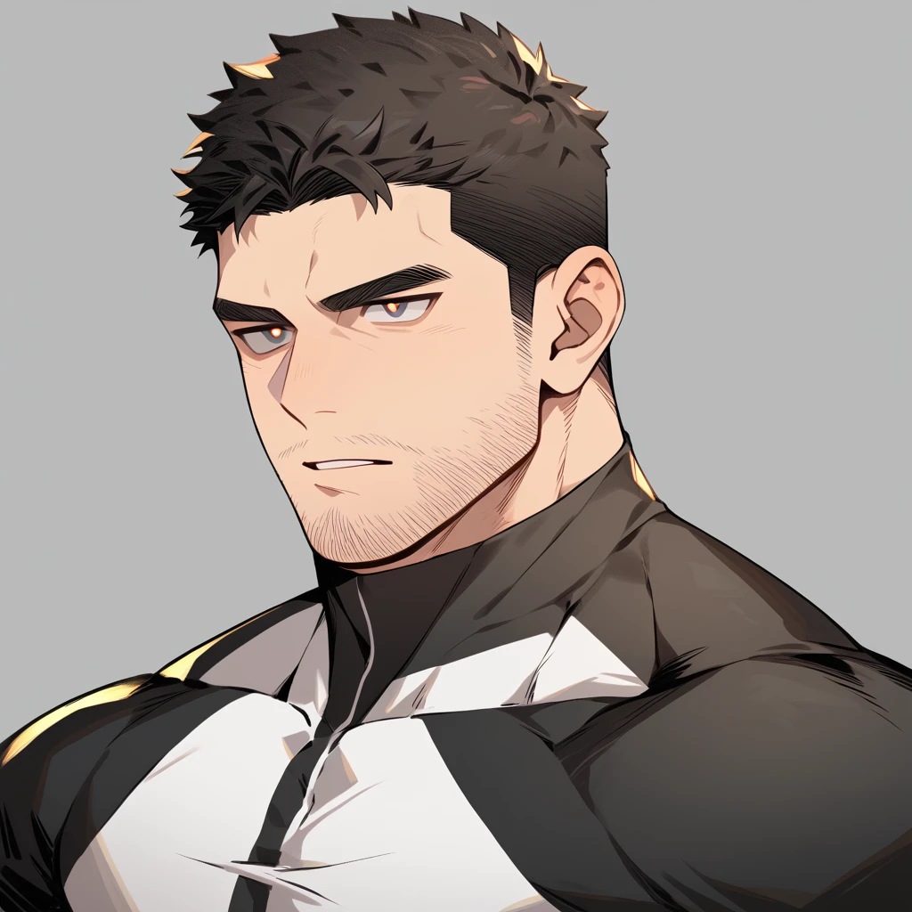 anime characters：Chris Redfield, Muscle Sports Student, Buzz Cut, Manliness, male focus, Dark black Yellow high collar long sleeve tight T-shirt, Very tight, full and perky chest muscles, muscular male, muscular, only, Upper body, alone, Black short hair, Thick eyebrows, stubble, Brown-red pupils, Grey background, simple background, amazing quality, best aesthetics, Ridiculous, parted lips, v-shaped eyebrows, jitome, best quality