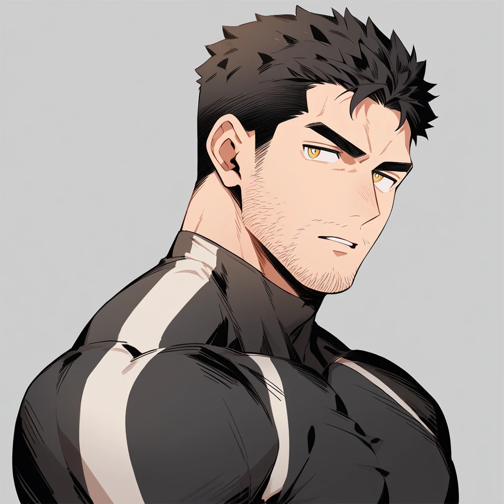 anime characters：Chris Redfield, Muscle Sports Student, Buzz Cut, Manliness, male focus, Dark black Yellow high collar long sleeve tight T-shirt, Very tight, full and perky chest muscles, muscular male, muscular, only, Upper body, alone, Black short hair, Thick eyebrows, stubble, Brown-red pupils, Grey background, simple background, amazing quality, best aesthetics, Ridiculous, parted lips, v-shaped eyebrows, jitome, best quality