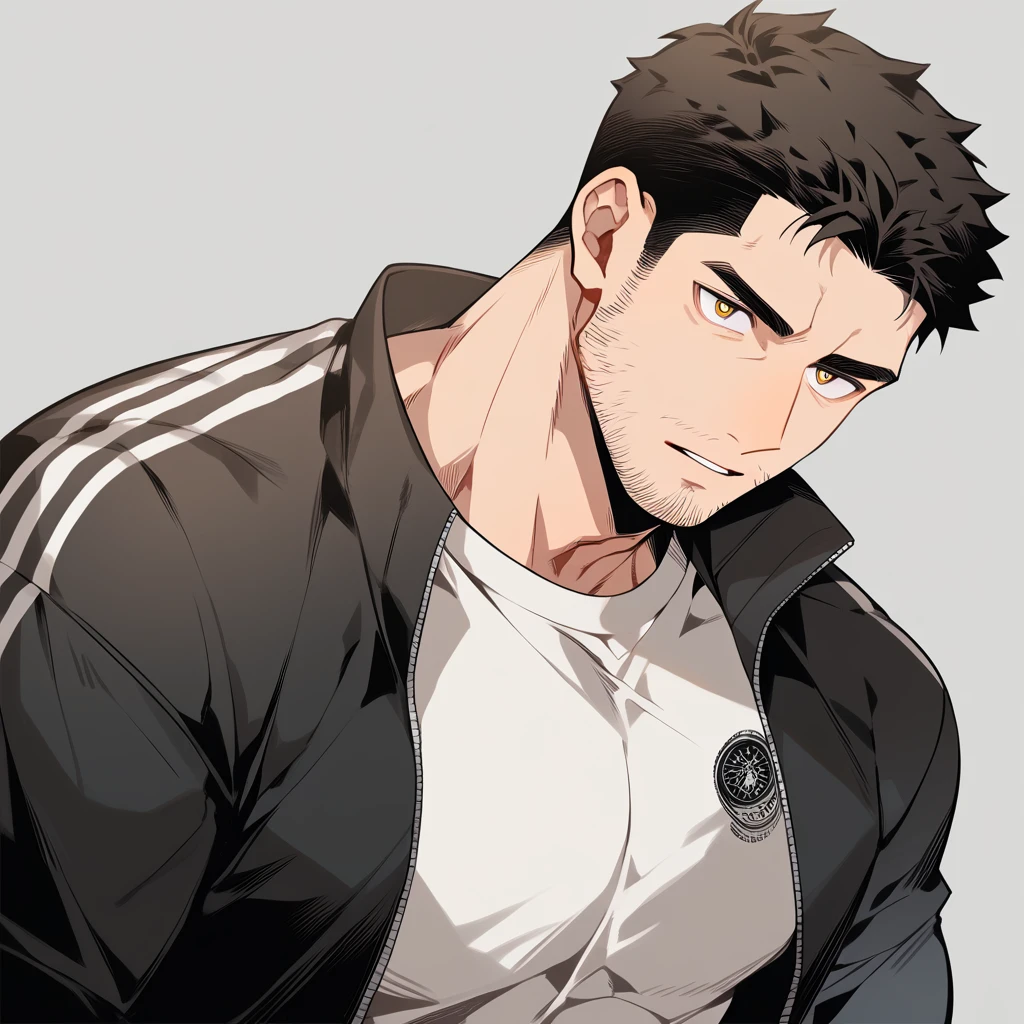 anime characters：Chris Redfield, Muscle Sports Student, Buzz Cut, Manliness, male focus, Dark black Yellow high collar long sleeve tight T-shirt, Very tight, full and perky chest muscles, muscular male, muscular, only, Upper body, alone, Black short hair, Thick eyebrows, stubble, Brown-red pupils, Grey background, simple background, amazing quality, best aesthetics, Ridiculous, parted lips, v-shaped eyebrows, jitome, best quality