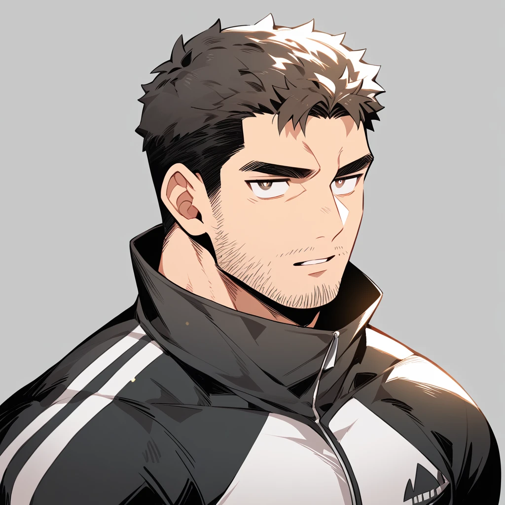 anime characters：Chris Redfield, Muscle Sports Student, Buzz Cut, Manliness, male focus, Dark black Yellow high collar long sleeve tight T-shirt, Very tight, full and perky chest muscles, muscular male, muscular, only, Upper body, alone, Black short hair, Thick eyebrows, stubble, Brown-red pupils, Grey background, simple background, amazing quality, best aesthetics, Ridiculous, parted lips, v-shaped eyebrows, jitome, best quality