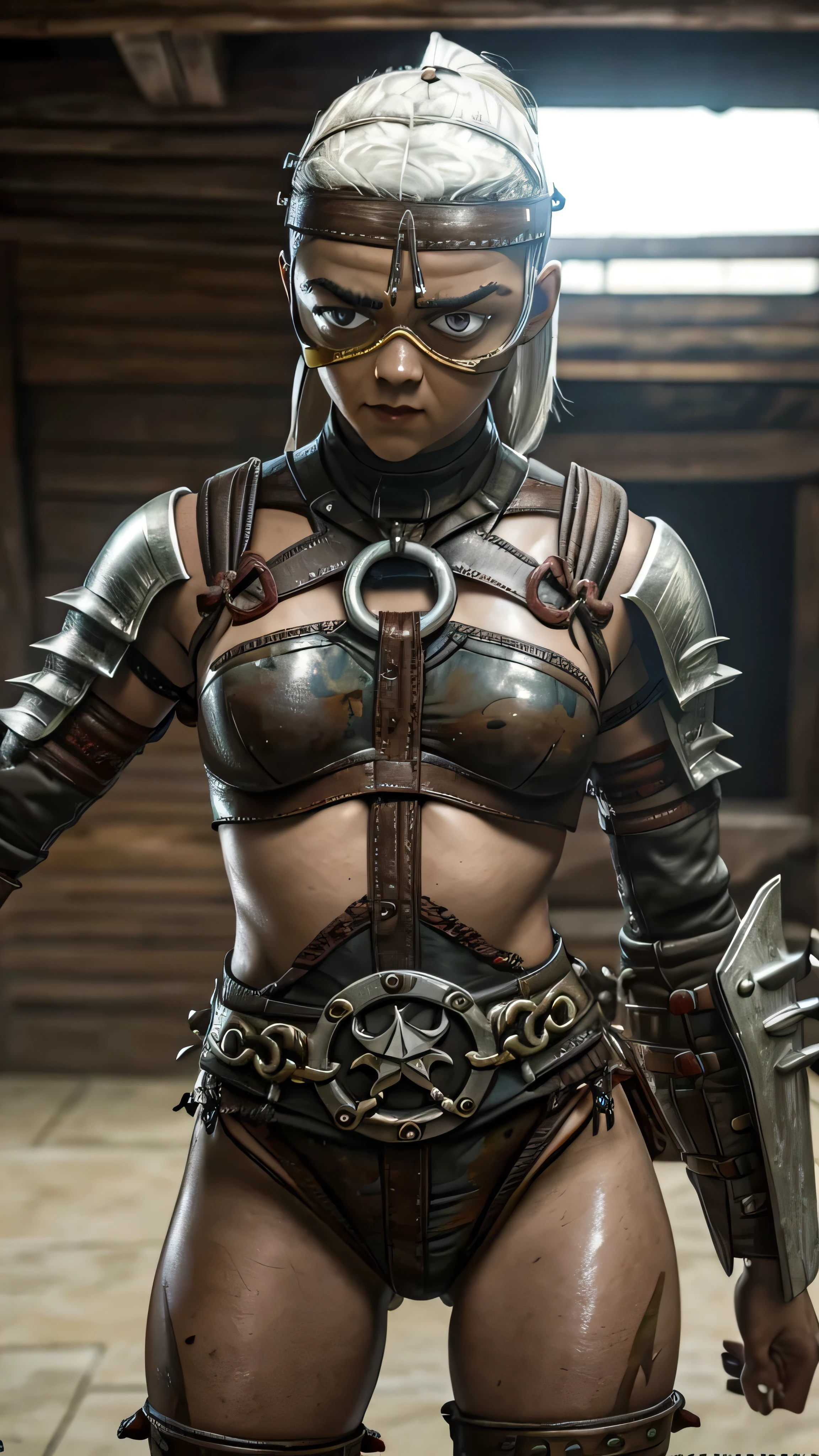 (Maisie Williams) as Ferra from Mortal Kombat, white hair, ponytail, brown eyes, armor, spikes, guantlets, armored boots, barefoot, metal headband, o-ring bikini, thigh tattoos, standing, forest, (insanely detailed, beautiful detailed face, masterpiece, best quality), cinematic lighting, 1woman, solo, full body view, front view, looking at viewer, intricate, high detail, sharp focus, dramatic, photorealistic painting art by greg rutkowski