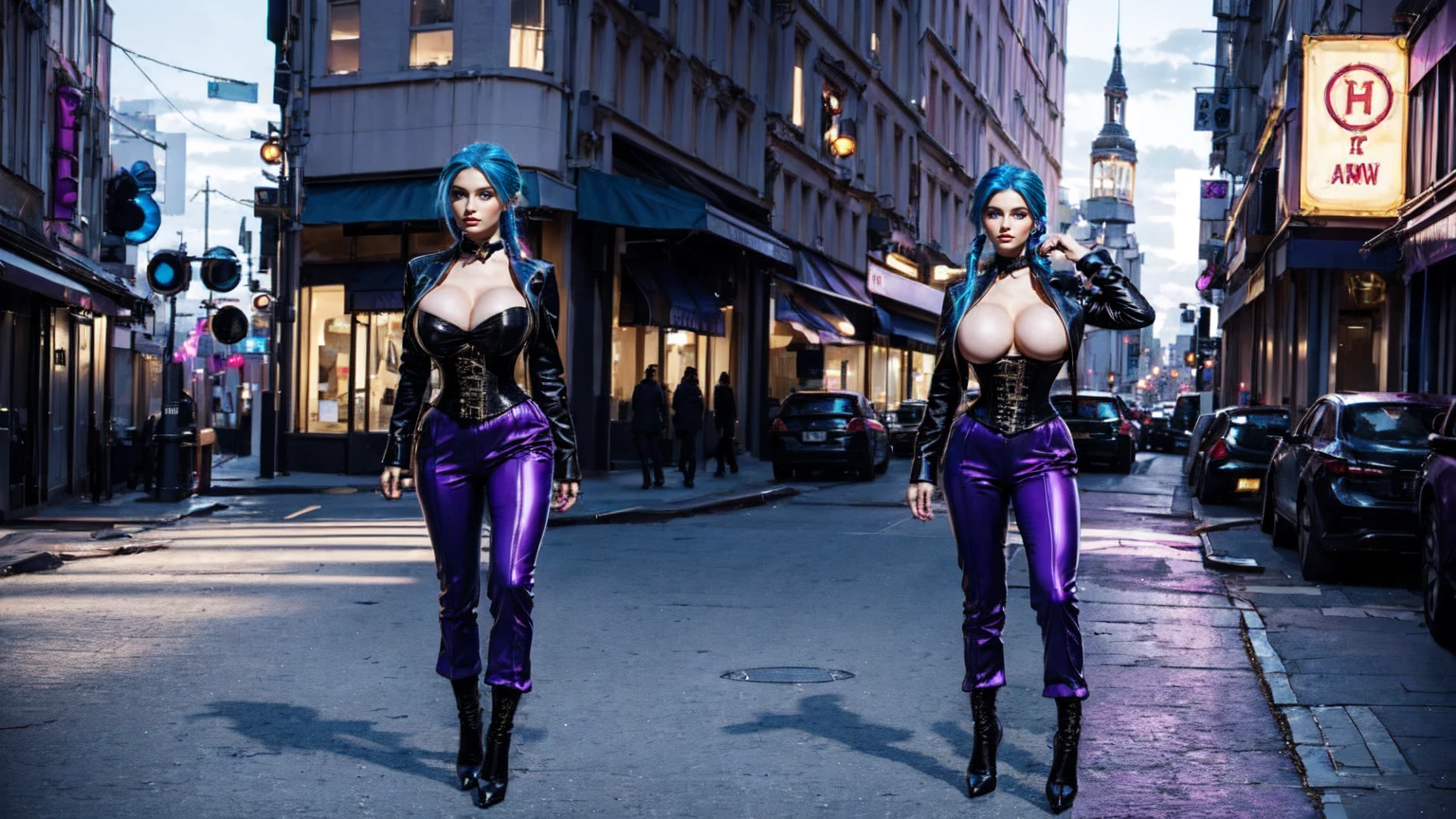 jinx, blue hair,blue long curly ponytail, blue leahter corset, black jacket, big naked breast, purpble tight leahter Trousers, purple belt, black long high heels boots,standing in a City for a photoshooting