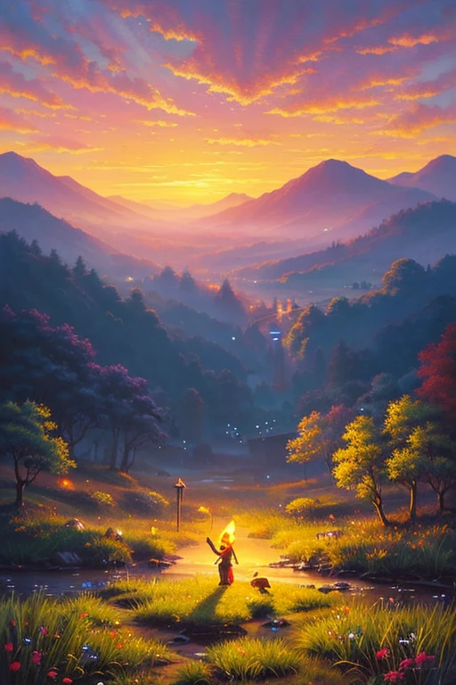 Highest quality、Landscape painting、Scenery of fireflies dancing