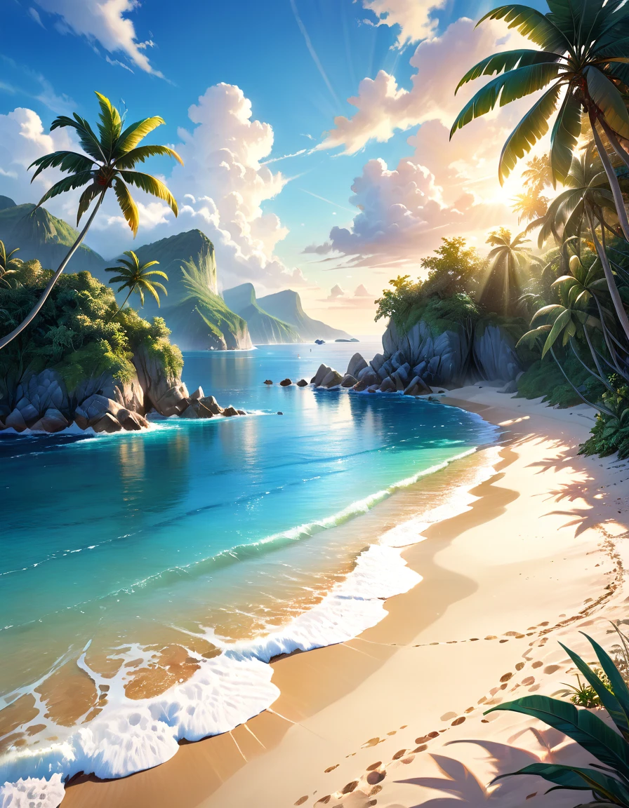 A tranquil seaside landscape, sun-drenched ocean, golden sand beach, beautiful detailed clouds, serene atmosphere, oil painting, lush tropical foliage, warm inviting light, soft pastel colors, enchanting dream-like quality, ultra-detailed, (best quality,4k,8k,highres,masterpiece:1.2),ultra-detailed,(realistic,photorealistic,photo-realistic:1.37),landscape,seascape,seascape painting,tropical paradise,idyllic beach scene,cinematic lighting,vibrant colors,stunning realism