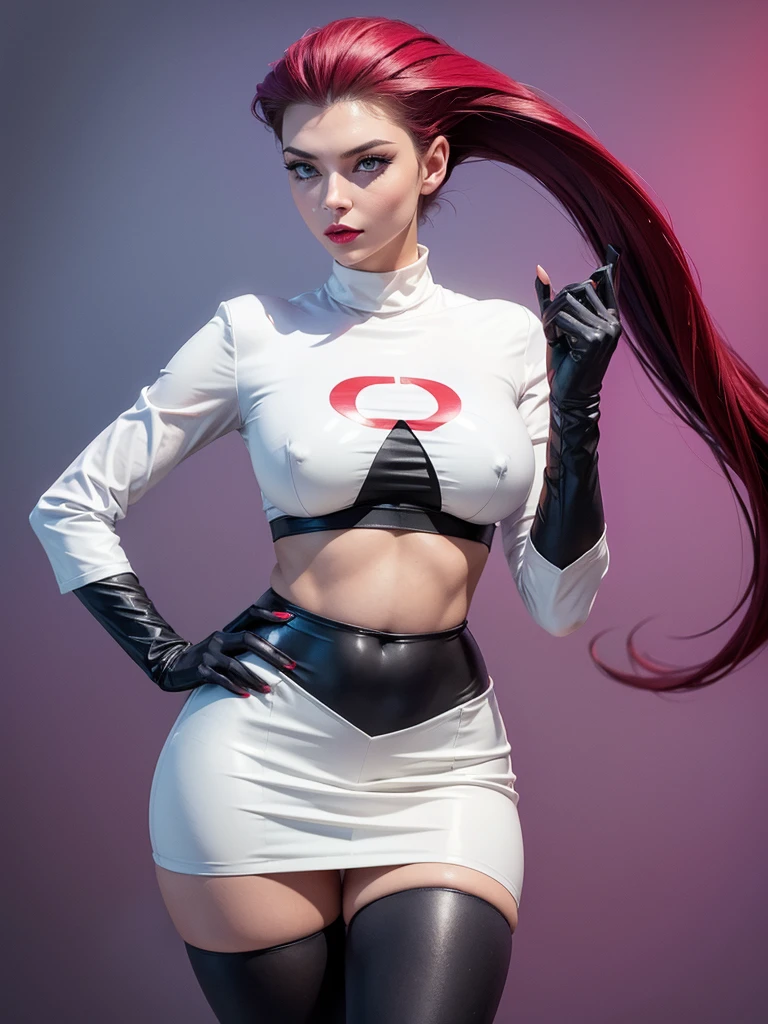 gorgeous girl in sexy standing, ((hair slicked back, long hair,)), large blue eyes, red lip gloss, perfect body, team rocket ,team rocket uniform ,white skirt,crop top,thighhighs,elbow gloves, masterpiece, highres, ((plain background:1.3))
