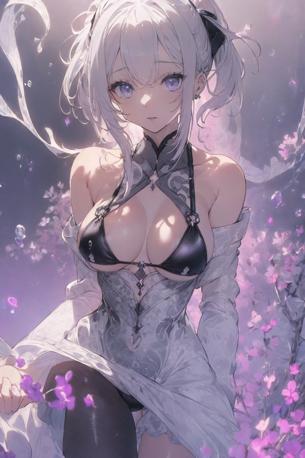 (micro bikini photo:1.1, big chest, saggy breast, gray white background:1.5), Masterpiece, best quality, (very detailed CG unity 8k wallpaper), (best quality), High definition RAW color art, Animation,sculptures, (black Marble Skin), (((Ultra detailed elegant))), Magical atmosphere, Detailed skin, Texture,(Intricately detailed, Fine detail, ultra-detail art), depth of fields, bokeh, Silky Touch, Hyper Detail, beautiful eyes, Elegant Face, (lying on pastel pink waterfront), sparkle background, enormous breast:1.3, (silver hair, twintail), pastel purple, embarrassing face, wide open udder, short hair