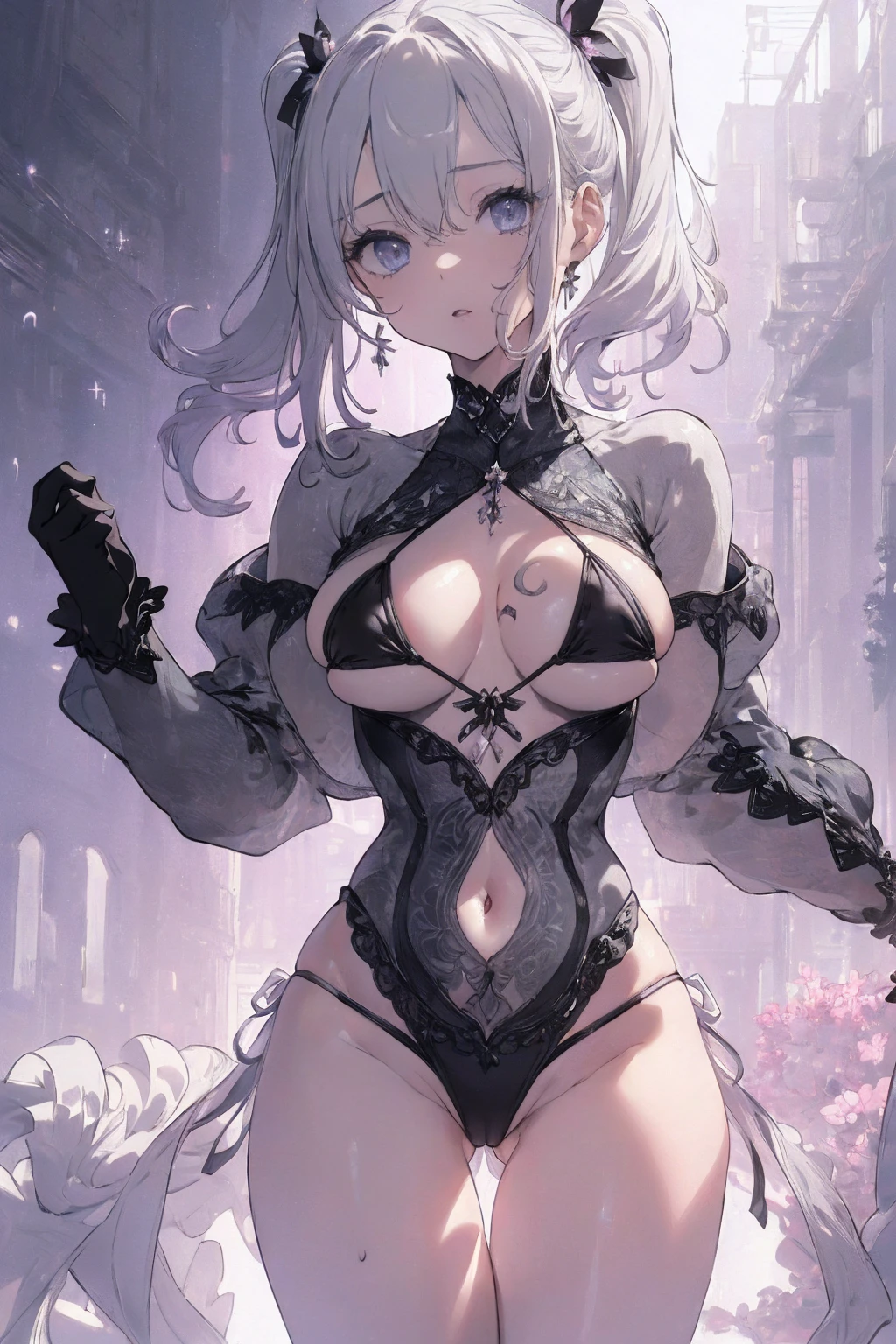 (micro bikini photo:1.1, big chest, saggy breast,  gray white background:1.5), Masterpiece, best quality, (very detailed CG unity 8k wallpaper), (best quality), High definition RAW color art, Animation,sculptures, (black Marble Skin), (((Ultra detailed elegant))), Magical atmosphere, Detailed skin, Texture,(Intricately detailed, Fine detail, ultra-detail art), depth of fields, bokeh, Silky Touch, Hyper Detail, beautiful eyes, Elegant Face, (lying on pastel pink waterfront), sparkle background, enormous breast:1.3, (silver hair, twintail), pastel purple, embarrassing face, wide open udder, short hair
