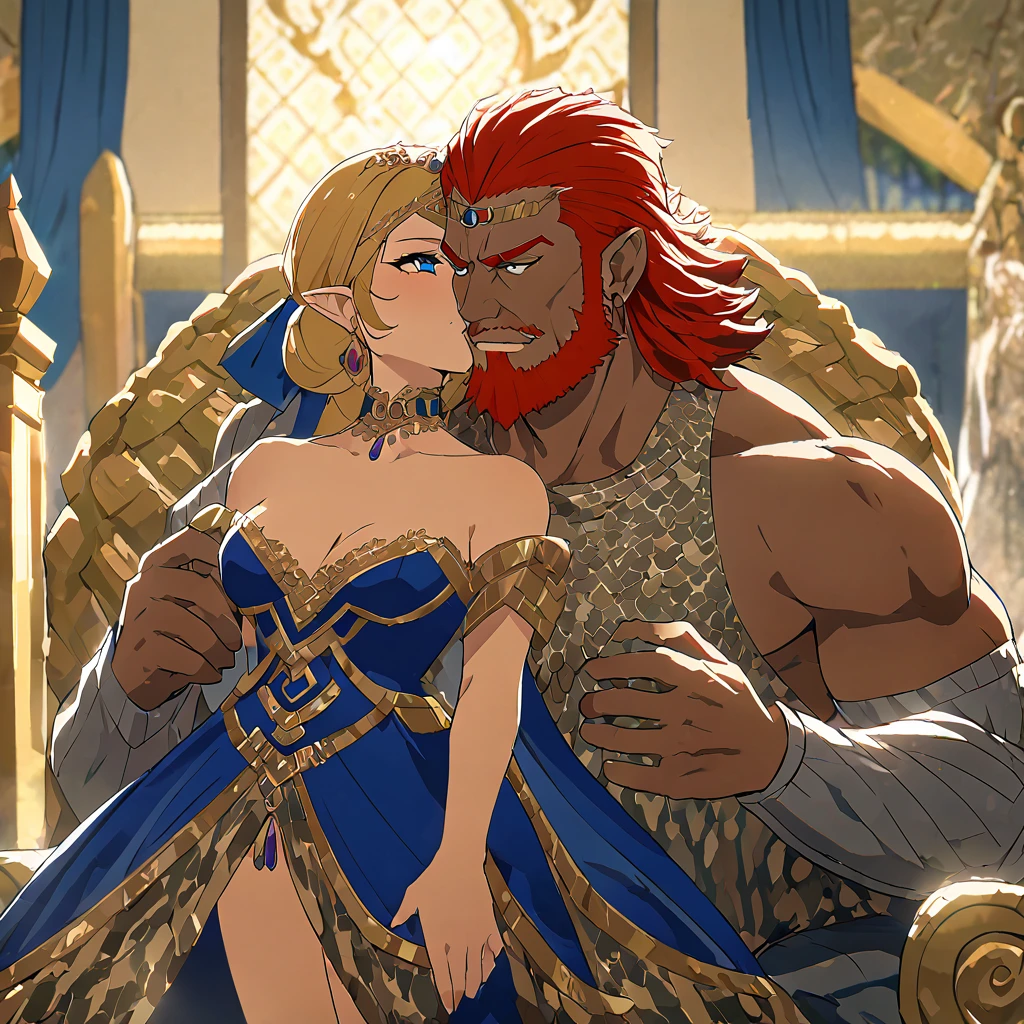 ((Highest quality)), ((masterpiece)), (detailed), (Perfect Face)、The woman is Queen Zelda of the Gerudo tribe, with blonde hair and blue eyes, and is wearing the luxurious dress of the Gerudo queen.、The man is a dignified, middle-aged, bearded, muscular man with red hair and dark skin, King Ganondorf, the king of the Gerudo tribe, and is dressed in the luxurious and barbaric national dress of the Gerudo king.、A man and woman are embracing and kissing on the luxurious throne of the Gerudo royal family.、A queen and a king in love