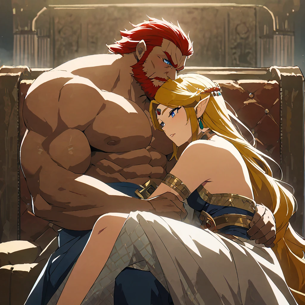 Breath of the wild, One old man king Rhoam and one young Princess Zelda, age gap, age difference, giant tall size, old man 70, long beard and long mustache white, armor and crown, face smile, hairy body, naked, big long penis erect, cumming, he carries his girlfriend strongly with both hands, sleeping hugs romance, ass fuck positions, sexy young girl 18, size tiny and skinny, a little pregnant, hairstyle blond, face embarrassing blushed, in comfort elongated bodies position for sex, one old man, one young girl, naked, nsfw, to sleep on bed castle.