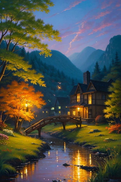 Highest quality、Landscape painting、Scenery of fireflies dancing
