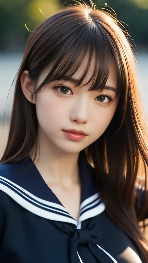 8K,Highest quality,(masterpiece:1.2),(Realistic),(Realistic:1.37),Ultra-high resolution,One high school girl,smile,((Big Breasts)),Beautiful Eyes,(((School uniform,Sailor suit))),Perfect body,Perfect Fingers,Professional Lighting,gravure,Detailed face and skin texture,fine grain,RAW Photos