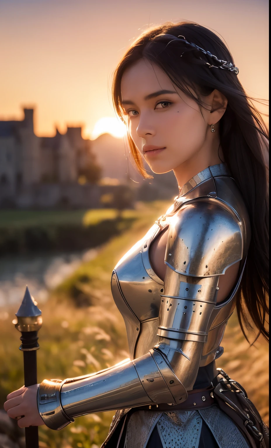 (masterpiece), (Very complicated:1.3), (Realistic), Portrait of a Girl, The most beautiful in the world, (Medieval Armor), Metal Reflection, Upper Body, Outdoor, Strong sunlight, Distant Castle, Detailed professional photos of beautiful women, Sharp focus, dramatic, Awards, Cinema Lighting, Octane Rendering Unreal Engine, Volumetrics dtx, (Film Grain, Blurred Background, Blurred foreground, Bokeh, Depth of written boundary, sunset, Motion Blur:1.3), Chain Mail