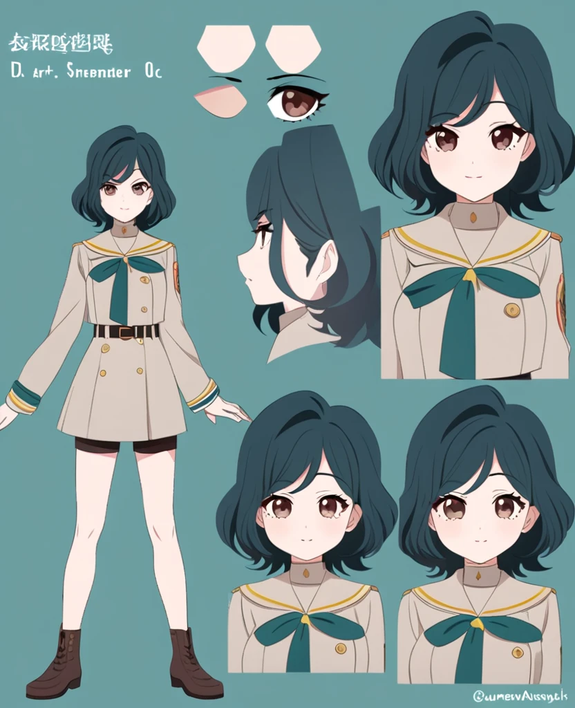 Make me an Ensemble Stars oc. Ensemble Stars art style. Give her short dark teal hair, brown eyes. In Yumenosaki uniform. Reference sheet.