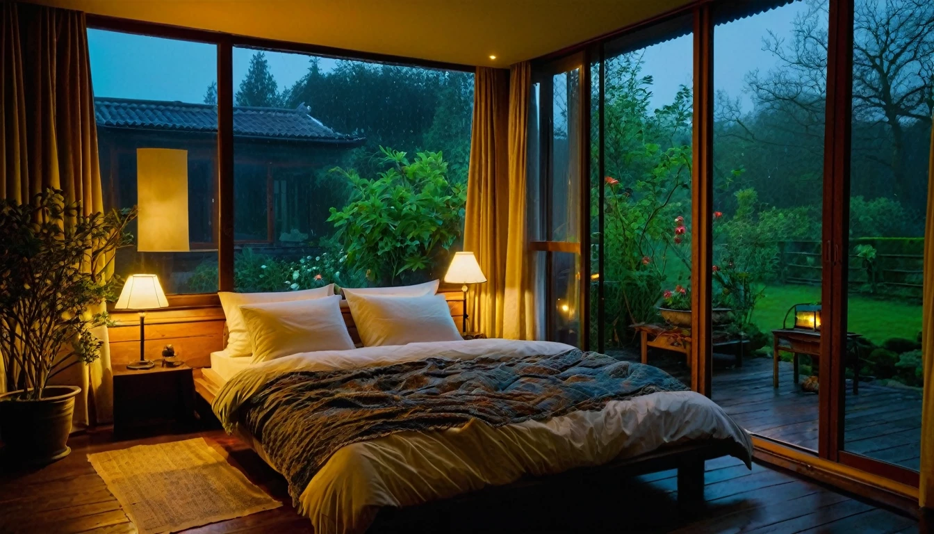 The picture shows a cozy bedroom with large windows offering views of the beautiful, dimly lit garden AND FLOWER-soaked gardens. CINEMATIC, JAPANESE HOUSE, the shape of a Japanese house, and lots of flower gardens in the garden. The bed was unmade with crumpled sheets, indicating only sleep in peace. looks dim, gloomy. Beside the bed there is a small table with a classic lamp burning which radiates warm light into the room. Outside the window, lush green plants can be seen on the terrace or balcony area, rain is falling, the lamp on the left provides warm lighting, creating a calm and peaceful atmosphere. with mist partially obscuring the landscape in the distance. The contrast between the warmth indoors and the rain outdoors creates an inviting and calming atmosphere