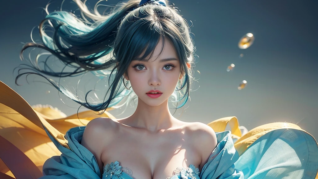 (masterpiece), (Highest quality), (Very detailed), (Disheveled Hair), (shape), (One Girl), (Fashionable clothes), Are standing, Fashion Model, Beholder, (interview), (Simple Background), Beautiful and beautiful eyes, Delicate and beautiful face, floating, (High chroma), (Colorful Splash), Colorful bubbles, (Shine), Focus on the face, ponytail, Light blue hair, bangs, Hair Ring, floating Flowers, floating Hairs, (The Shining), Best lighting, Best Shadow, Big, firm, swaying breasts