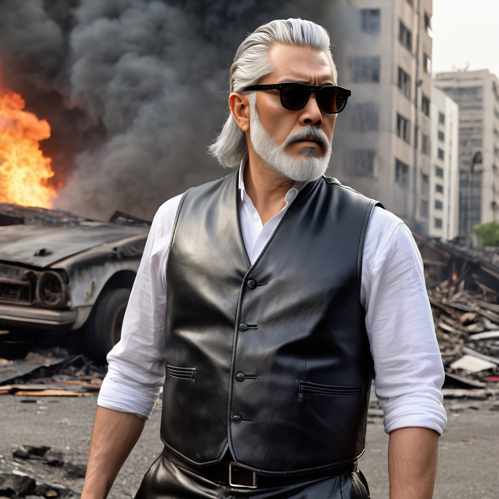 A cool guy, with slicked-back silver hair, a silver beard, round sunglasses, realistic, wearing a leather vest and leather trousers on bare skin, The man fired his gun at Godzilla, the bullets cruelly failed to penetrate his skin and were instead bounced off. The city went up in flames, the buildings collapsed,
