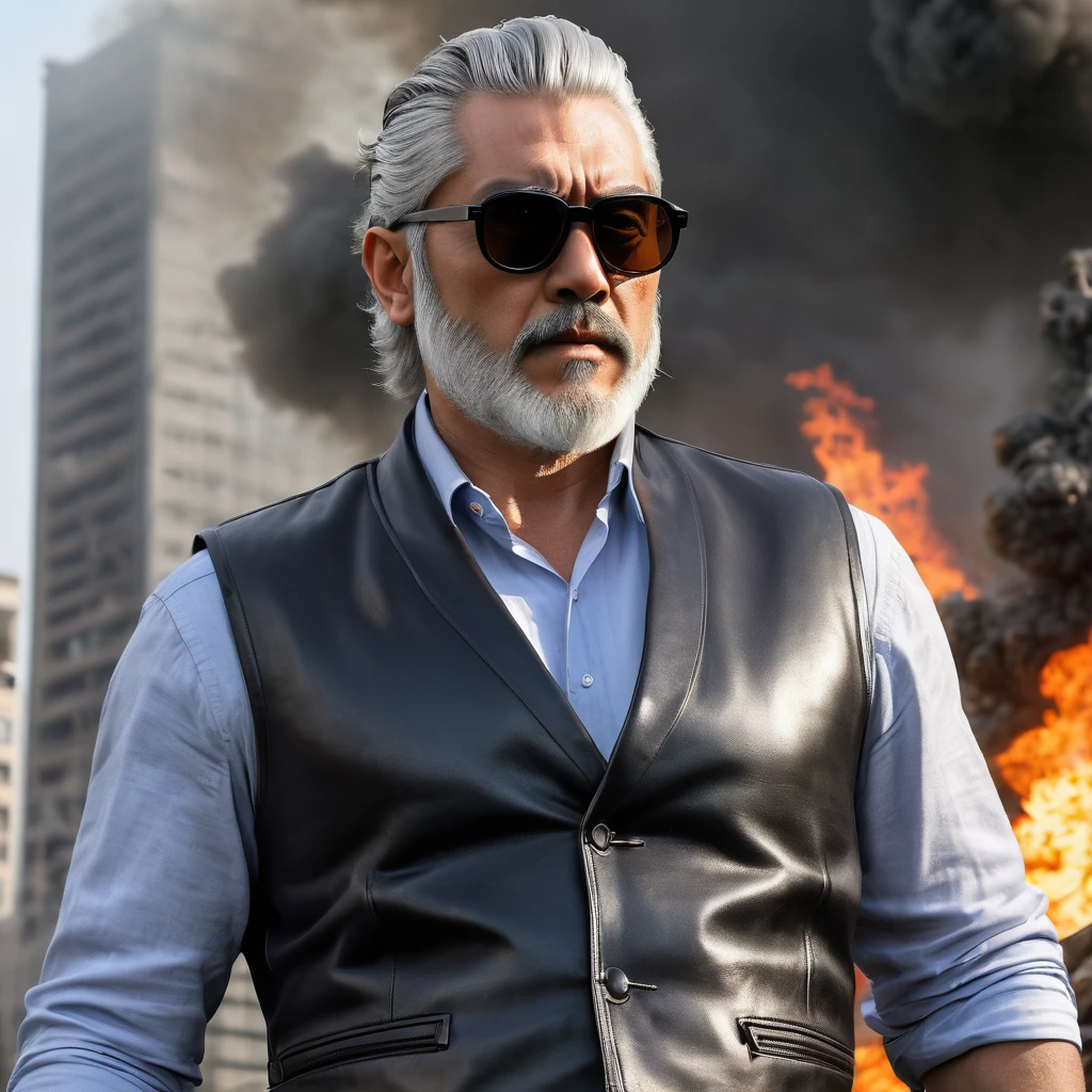 A cool guy, with slicked-back silver hair, a silver beard, round sunglasses, realistic, wearing a leather vest and leather trousers on bare skin, The man fired his gun at Godzilla, the bullets cruelly failed to penetrate his skin and were instead bounced off. The city went up in flames, the buildings collapsed,