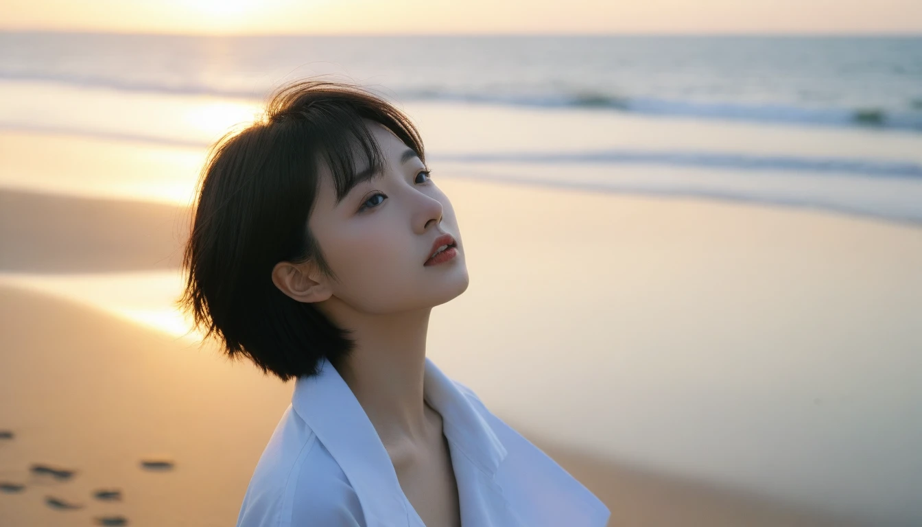 8K, Vivid picture quality, The picture quality is vivid, Realistic and perfect picture quality, long deserted beach, 멀리서 sun rise 뷰어, short hair that touches the shoulders and covers the neck, sun rise의 붉은 빛, sun rise, alone, afternoon, depressed, tide가 밀려온다, ocean, tide, wind, short korean girl, Mokpola, trench, 잔잔한 tide