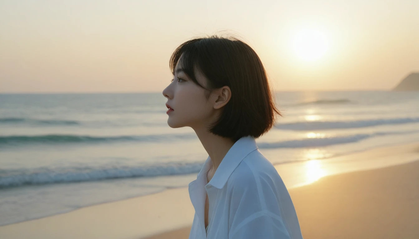 8K, Vivid picture quality, The picture quality is vivid, Realistic and perfect picture quality, long deserted beach, 멀리서 sun rise 뷰어, short hair that touches the shoulders and covers the neck, sun rise의 붉은 빛, sun rise, alone, afternoon, depressed, tide가 밀려온다, ocean, tide, wind, short korean girl, Mokpola, trench, 잔잔한 tide