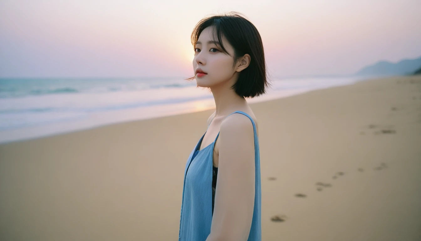 8K, Vivid picture quality, The picture quality is vivid, Realistic and perfect picture quality, long deserted beach, 멀리서 sun rise 뷰어, short hair that touches the shoulders and covers the neck, sun rise의 붉은 빛, sun rise, alone, afternoon, depressed, tide가 밀려온다, ocean, tide, wind, short korean girl, Mokpola, trench, 잔잔한 tide