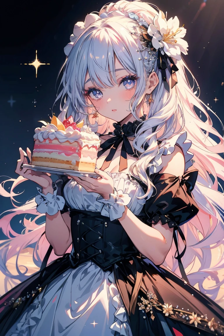 Highest quality, masterpiece, Long eyelashes, Sparkling eyes, Dresses with frills and ribbons, Glitter holding a cake, , Flower Hair Ornaments,