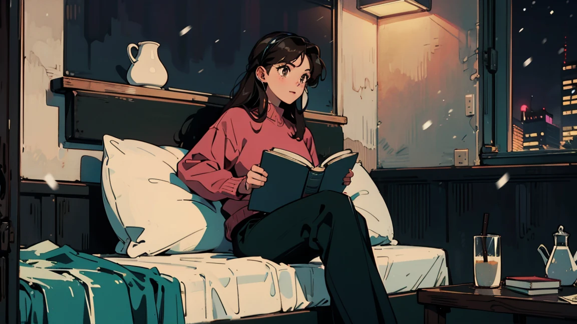 best quality, 8K, 1990s style,2010s hairstyles, 21 year old girl, black hair, long hair, light brown eyes, skin as white as snow, city pop,Crow, pants, in the room,night view, wearing headphones,reading a book, whole body, sitting on bed, relax coffee,table,confection,Looking at me