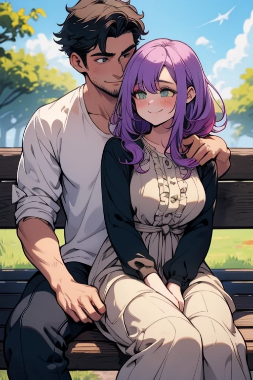 One woman. One man. Perfect face. Perfect hands. A light purple haired woman with green eyes with an hourglass figure and long hair in a frilly summer dress is smiling while cuddling with a black haired man with green eyes in a rolled up shirt and cargo pants on a park bench in the park with a blush