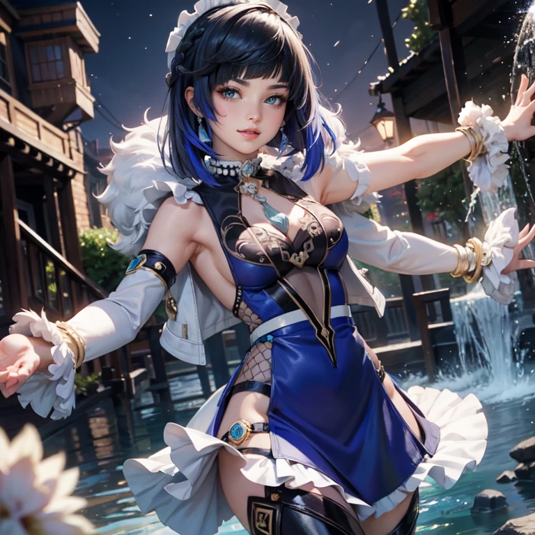 1girl, white maid dress, jewelry, navy hair, flowing hair, ornament hair, short hair, maid dress with a short skirt with layers, frills, white laces, black boots, white dress with transparency, gold details on her clothes, lake scene, waterfall, more details, perfectly body, perfectly hands, two hands, two legs, two arms, five fingers, glowing hair, best quality, garden scenery, smiling, glowing eyes, standing her hand to a viewer, looking at the viewer, cowboy shot, upper body portrait, more details, sparkle, night