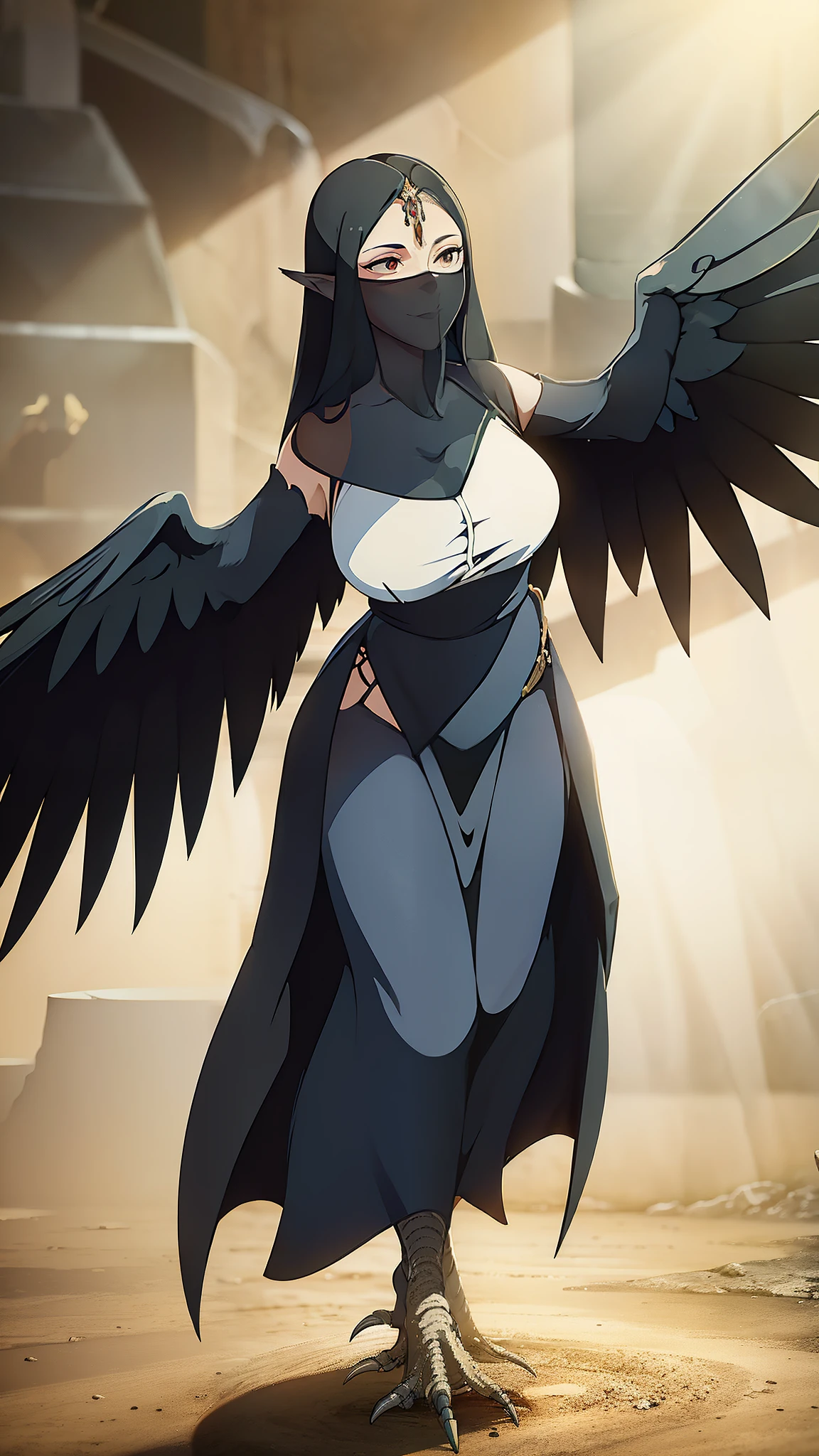 1woman,mature female,40s,sensual smile,black dress,black hair,pointy ears,harpy,wings,no arms,A veil covering the mouth,ahead,((standing in a arena of battle,sunlight))