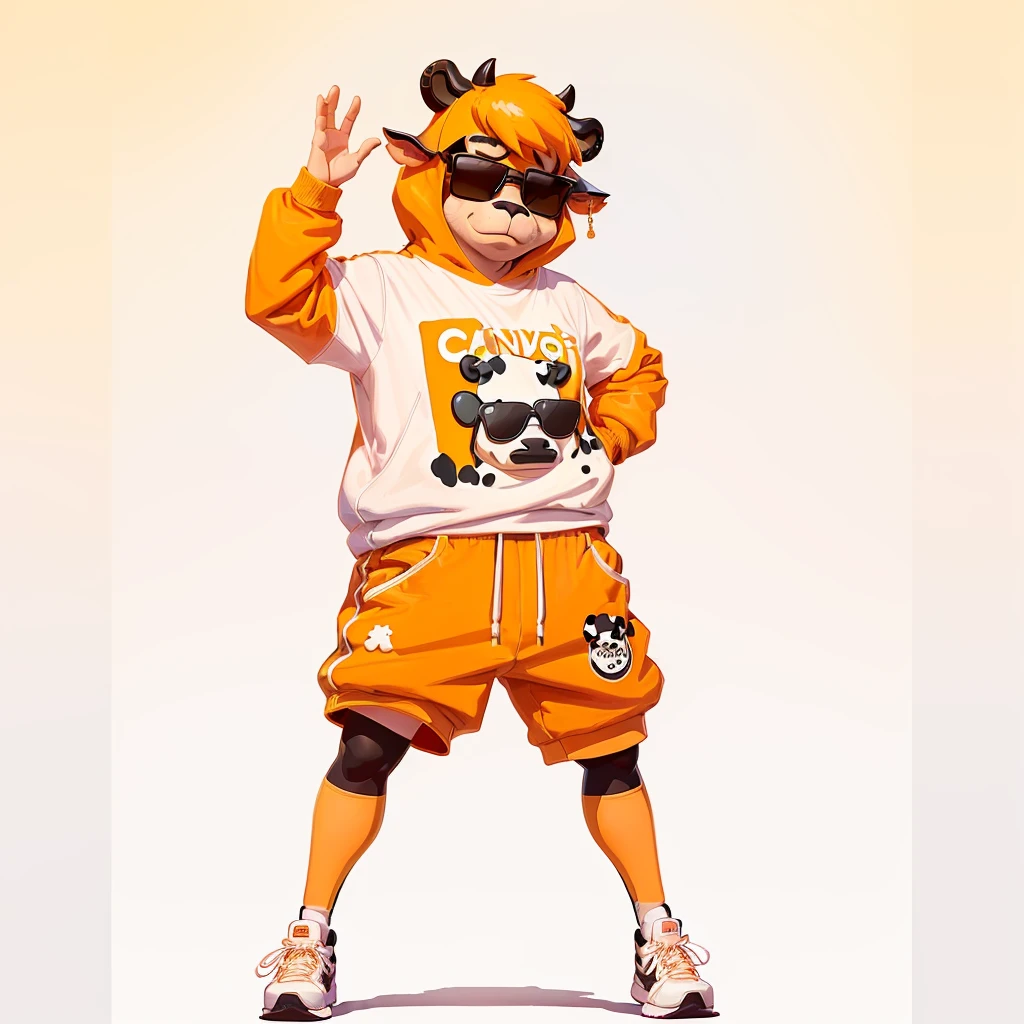 Wear a shirt、Wearing sunglasses、cartoon cow with arms crossed cartoon cow with arms crossed cartoon cow with arms crossed, Full body mascot, ( cow wearing sunglasses, dancing character, Created using Adobe Illustrator, Teddy Fresh, Orange body, Created using Adobe Illustrator, Cartoon shading:15, Official Art, Merge roles, Anthropomorphic cattle, Official illustrations, Full body clothing, posture