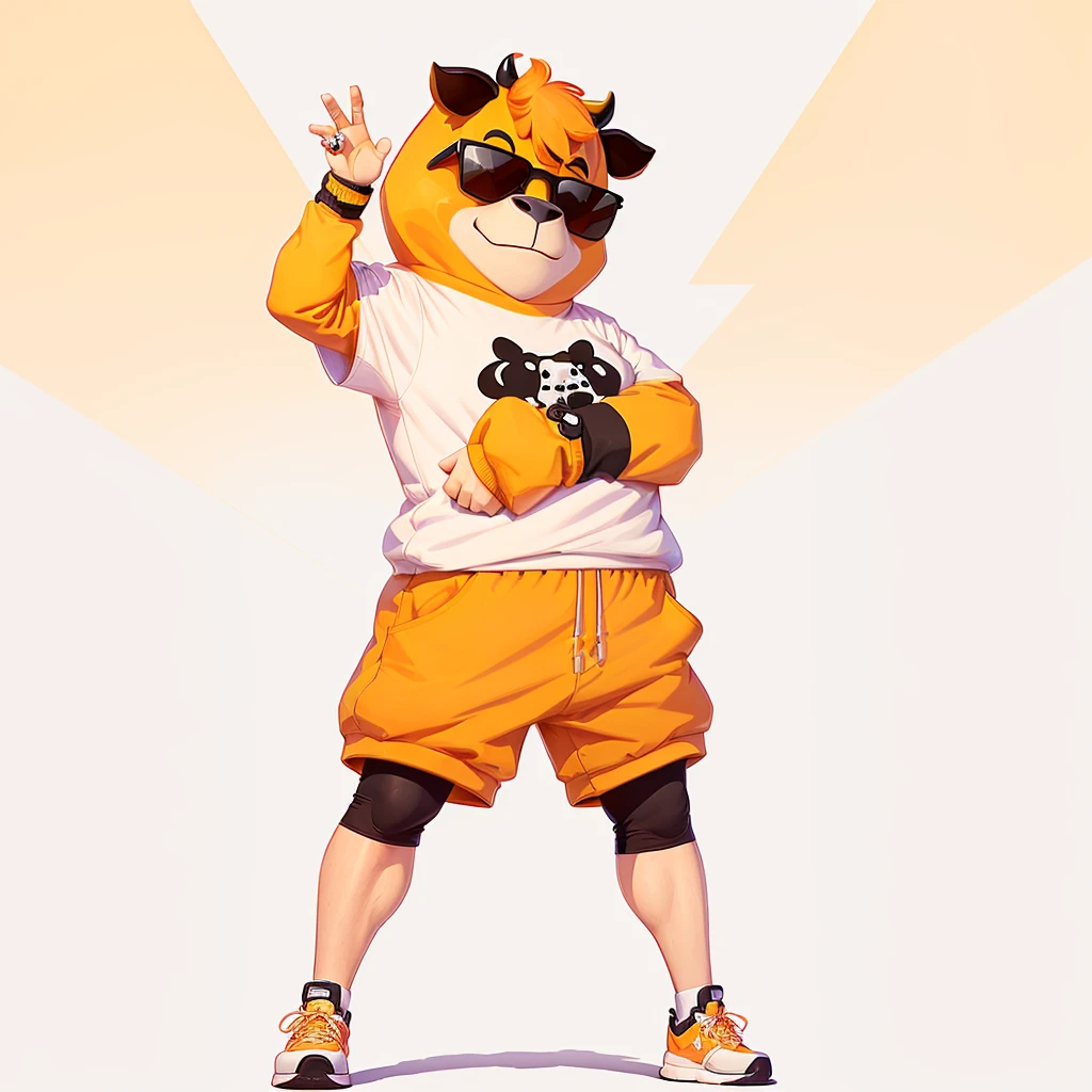 Wear a shirt、Wearing sunglasses、cartoon cow with arms crossed cartoon cow with arms crossed cartoon cow with arms crossed, Full body mascot, ( cow wearing sunglasses, dancing character, Created using Adobe Illustrator, Teddy Fresh, Orange body, Created using Adobe Illustrator, Cartoon shading:15, Official Art, Merge roles, Anthropomorphic cattle, Official illustrations, Full body clothing,  posture