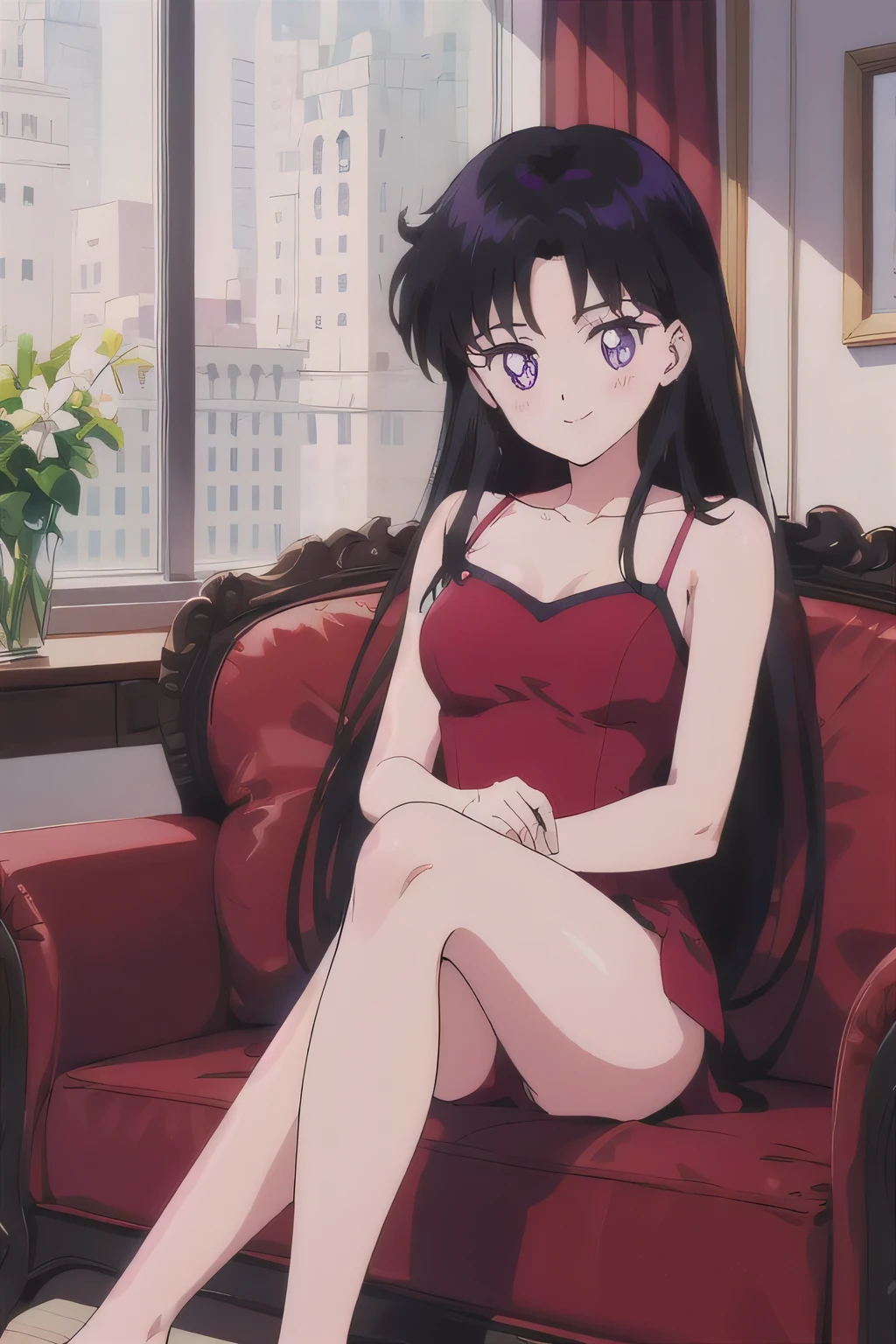 1990s \(style\), Best quality, masterpiece, ager, Rei Hino, Long black hair, purple eyes, Smile, Bare Neck, Bare Arms, Bare Shoulders, red dress, taut dress, spaghetti strap red dress, sleeveless, medium breast, sitting, couch, crossed legs, blush, looking at viewer, indoor, in the center