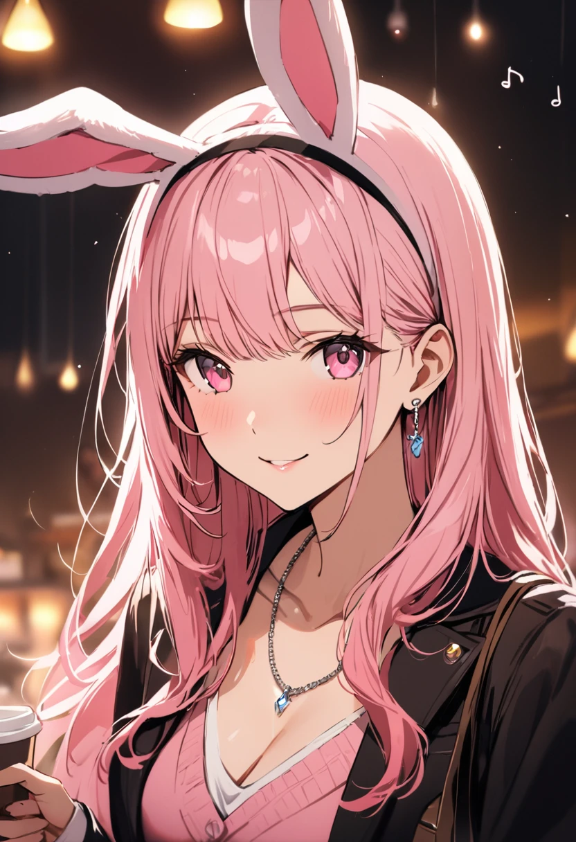 masterpiece, highest quality, Super fine, super fine, 4k, 8K, highest quality, beautiful, cute woman, alone, (beautiful pink hair, beautiful pink eyes, beautiful eyes, long hair, Bunny ears, smile),
Break Company、Business service、coffee,
break prada, necklace, earrings, accessories, bag,
great lighting, bloom, Exceptional resolution, Super detailed, highest quality, High resolution, Audio Notes,