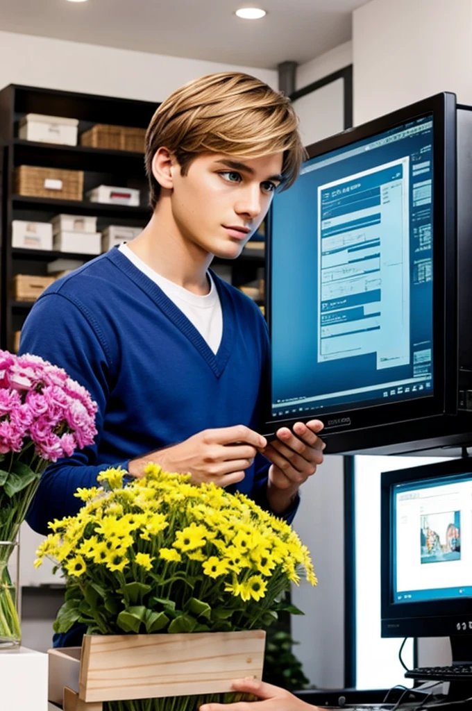 A blonde boy in front of a computer, where are you looking for a flower shop page, do it Ghibli style