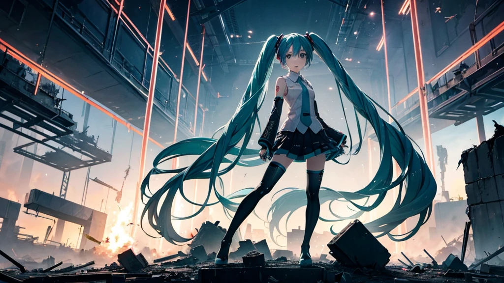Hatsune Miku Stands Up、With falling sparks on the background of a ruined city、Heavy metal style cover image。