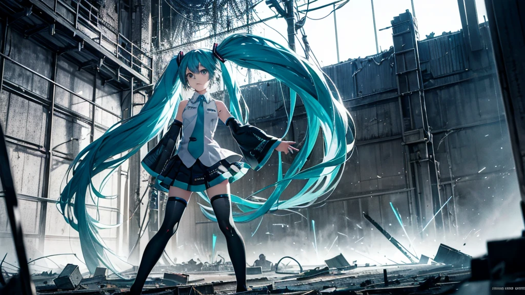 Hatsune Miku Stands Up、With falling sparks on the background of a ruined city、Heavy metal style cover image。