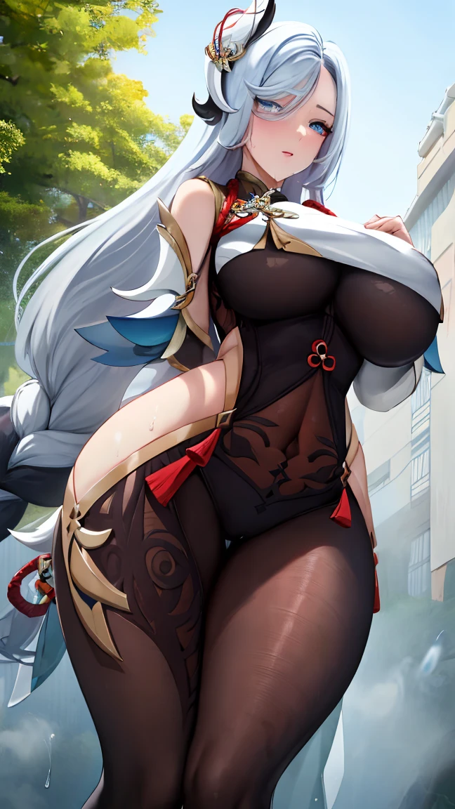 Masterpiece, high quality, shenhe \(genshin impact\), genshin impact, leaning forward, big breasts, busty, sexy, wide hips, white hair, blue eyes, hair ornament, long hair, breast curtains, bodystocking, hip vent, outdoor, wet, shenhev4, thick thighs, realistic, from below, shiny skin 