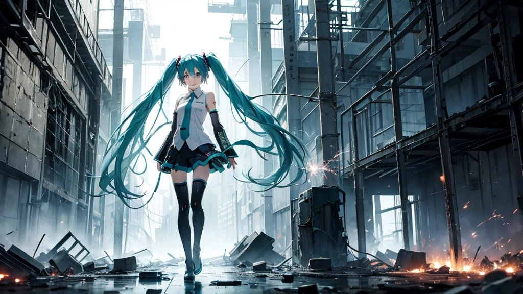 Hatsune Miku Stands Up、With falling sparks on the background of a ruined city、Heavy metal style cover image。