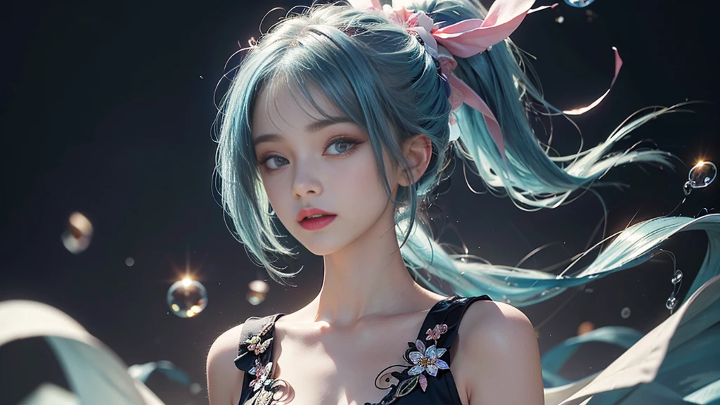 (masterpiece), (Highest quality), (Very detailed), (Disheveled Hair), (shape), (One Girl), (Fashionable clothes), Are standing, Fashion Model, Beholder, (interview), (Simple Background), Beautiful and beautiful eyes, Delicate and beautiful face, floating, (High chroma), (Colorful Splash), Colorful bubbles, (Shine), Focus on the face, ponytail, Light blue hair, bangs, Hair Ring, floating Flowers, floating Hairs, (The Shining), Best lighting, Best Shadow, Big, firm, swaying breasts