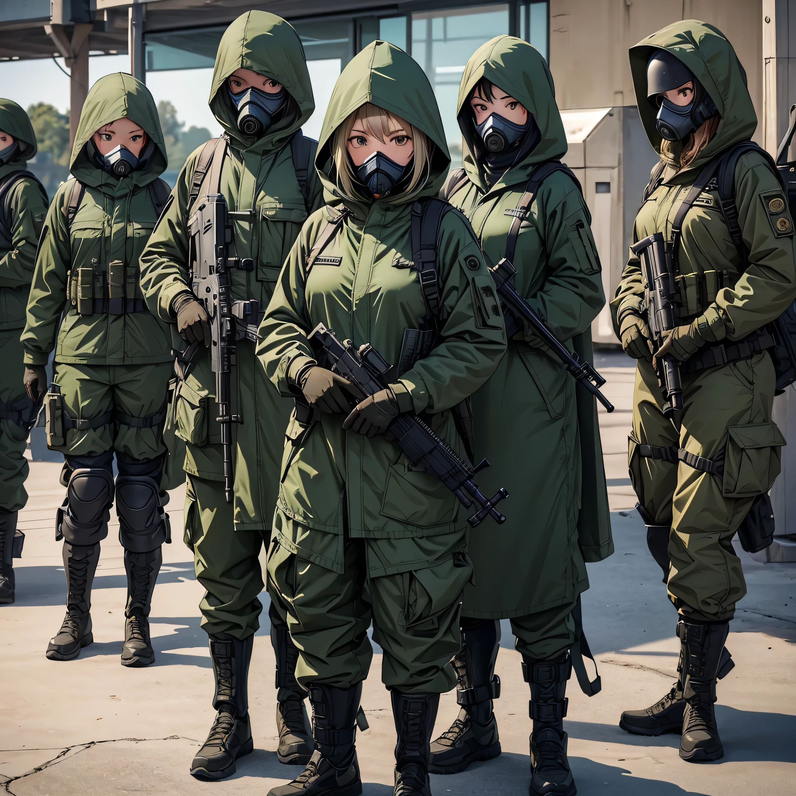 A group of female soldiers standing side by side、Wearing dark green M-51 hooded military uniform、Hooded on head、Gas Mask、Gloves、Military Pants、Knee pads,Write details、masterpiece、best quality、Highly detailed CG、8K picture quality