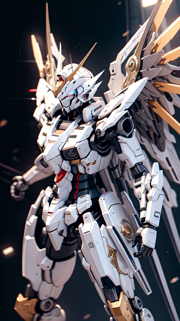BJ_Gundam, wings, solo, blue_eyes, weapon, wings, gun, no_humans, glowing, robot, mecha, clenched_hands, floating, science_fiction, mechanical_wings, v-fin,
cinematic lighting,strong contrast,high level of detail,Best quality,masterpiece,White background,. Extremely high-resolution details,photographic,realism pushed to extreme,fine texture,incredibly lifelike,