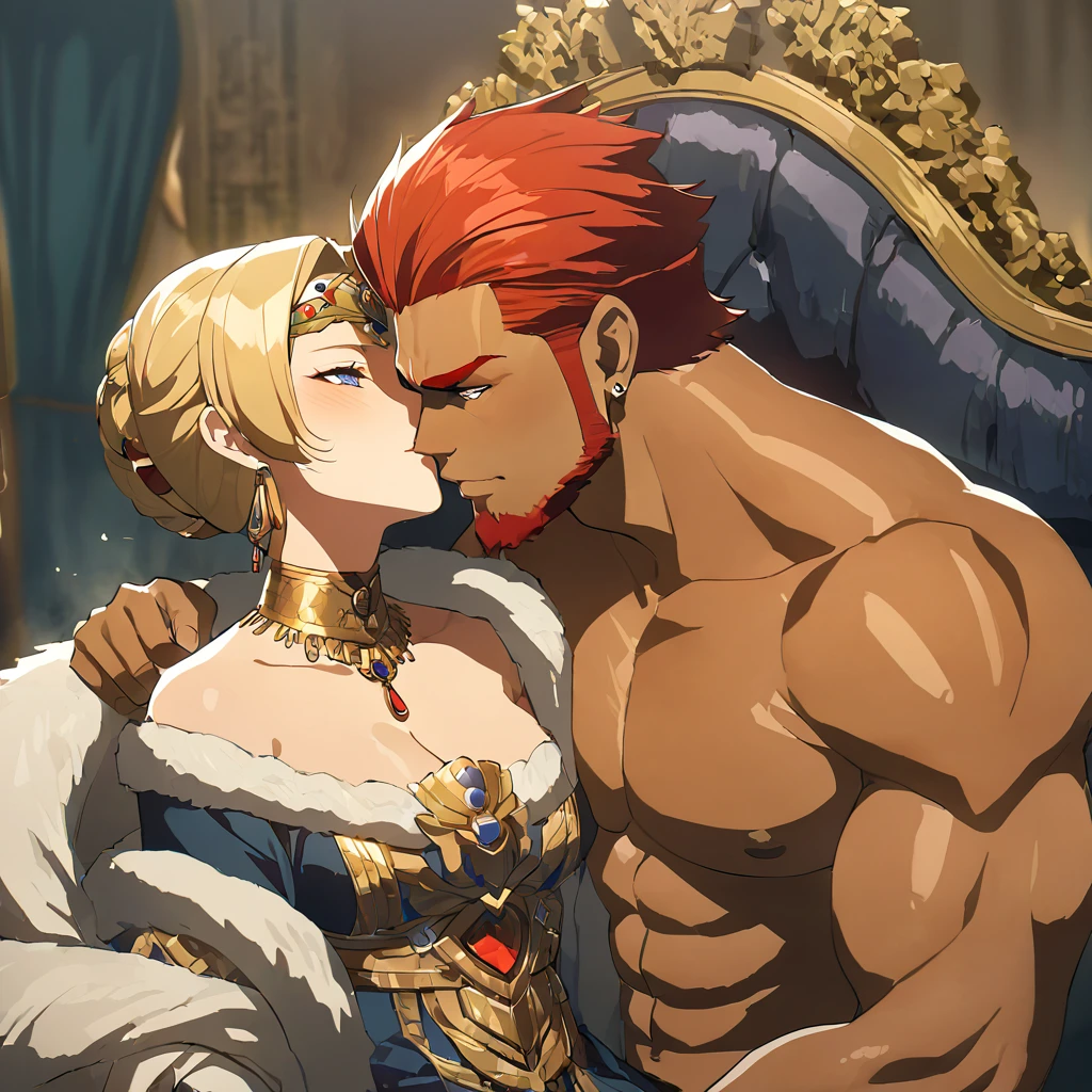 ((Highest quality)), ((masterpiece)), (detailed), （Perfect Face）、The woman is holding a baby with red hair and brown skin.、The woman is Queen Zelda of the Gerudo tribe, with blonde hair and blue eyes, and is wearing the luxurious dress of the Gerudo queen.、The man is a dignified, middle-aged, bearded, muscular man with red hair and dark skin, King Ganondorf, the king of the Gerudo tribe, and is dressed in the luxurious and barbaric national dress of the Gerudo king.、A man and woman are kissing close together on the luxurious throne of the Gerudo royal family.、A queen and a king in love