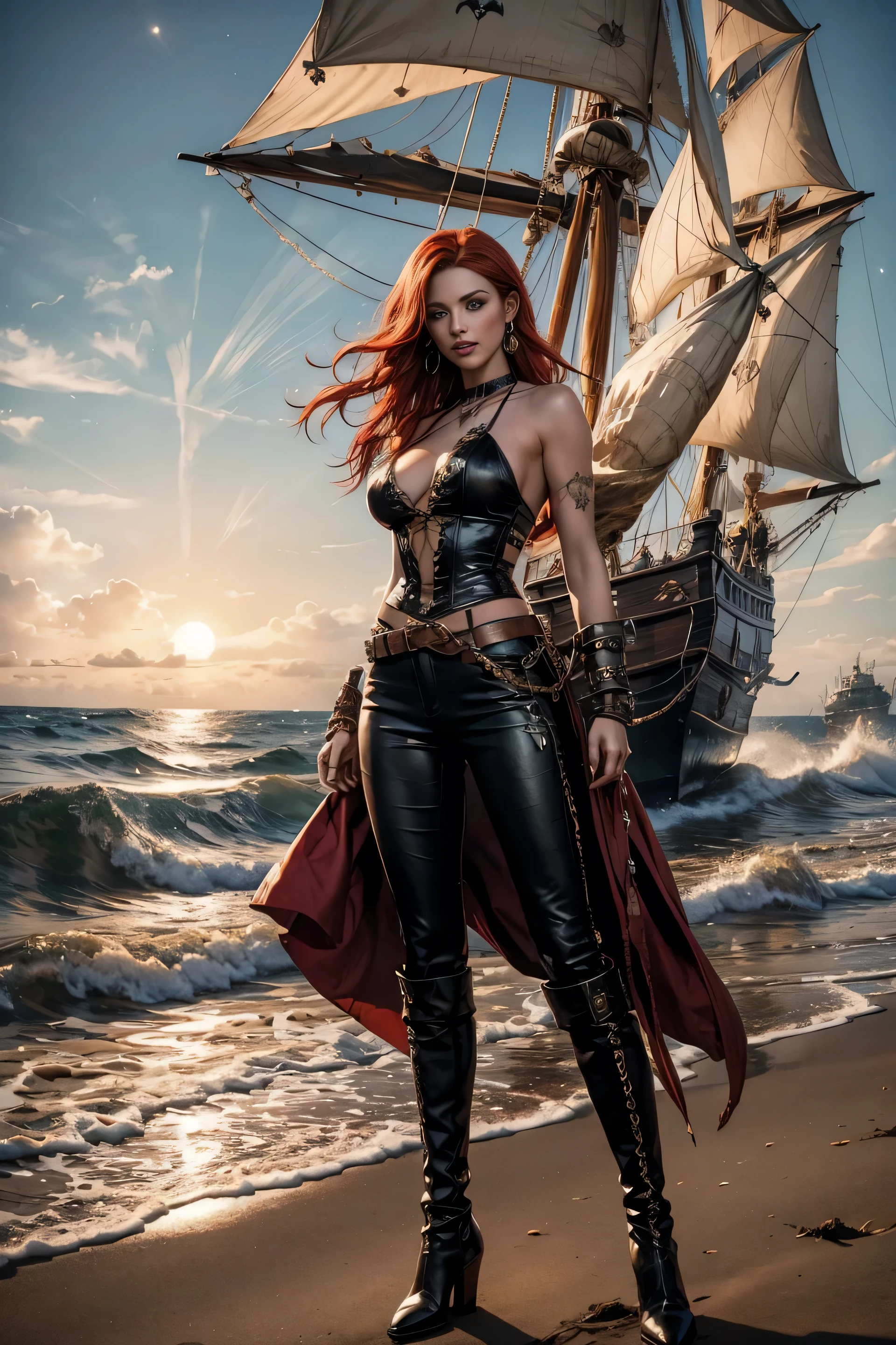 full body A woman with red hair and emerald eyes. She has an hourglass shape and poses dramatically. He wears a flowing white pirate shirt that sits low on his shoulders. His pants are leather and tight, with a seam on the side of the leg. He wears tall leather pirate boots. Her jewelry is gypsy style. he stands on the beach in the moonlight, a pirate ship with a mast in the distance, fog, smoke, a dramatic scene