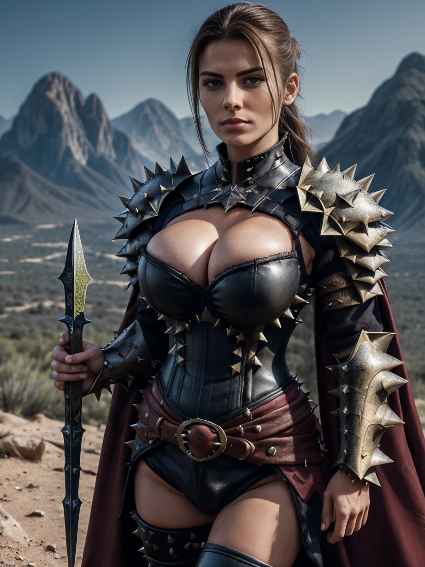 (masterpiece, top quality, best quality, official art, beautiful and aesthetic:1.2), (1girl:1.3), ((Sharp facial features, sharp features, hawkish features)), ((big hair, long black hair, ponytail)), big tiddy chaos warrior girl, extremely detailed, portrait, looking at viewer, solo, (full body:0.6), detailed background, full-body shot, (hot desert mountain theme:1.1), chaos warrior, (spiky helmet), charlatan, smirk, mysterious, swaying in mountains, armor, red metal, brass trim, long boots, dual axes, blood red fabric, pelvic curtain, loincloth, black leather, ((((spiky armor, heavy armor, blood, armored, gigantic breasts, long legs, pelvic curtain, toned, muscular)))), cute belly button, toned tummy, slim waist, slim hips, long legs, medieval (mountain exterior:1.1) background, dark mysterious lighting, shadows, magical atmosphere, dutch angle